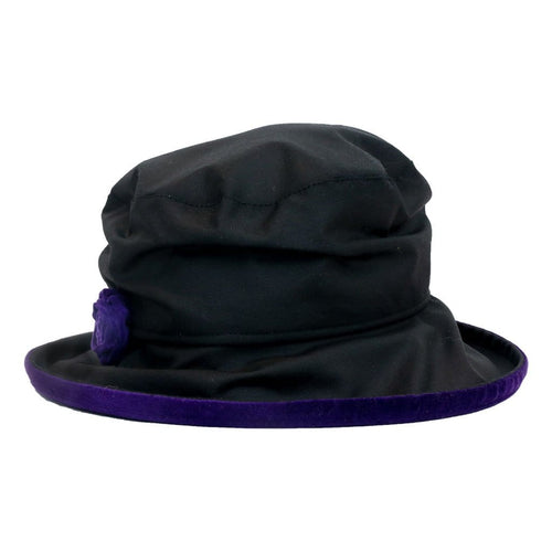 JoJo Hats Elizabeth Black Ladies Waxed Rain Hat With Purple Velvet Trim And Rose Decoration