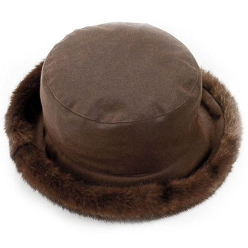 olney headwear brown waxed faux fur trimmed rain hat