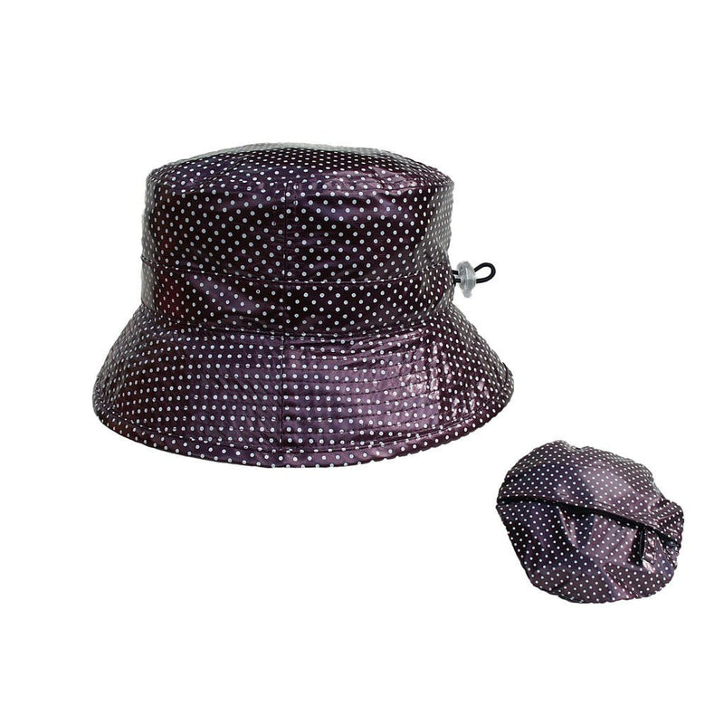 Proppa Toppa PT60 Felicity Aubergine With White Spots Ladies Packable Rain Hat Also Shown Packed Into Its Own Lining To Form  A Pouch